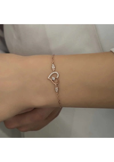 Gümüş Rose Kalpli Tektaş Kadın Bileklik Çok Renkli