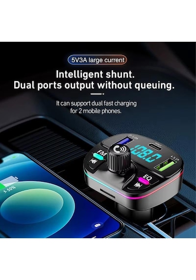 Ga04 Pd20w Qualcomm 3.0 Hızlı Şarj Aleti Rgb Renkli Fm Transmitter Mp3 Çalar Bluetooth 5.3 Çakmaklık Pd20w Qc3.0 Hızlı Şarj
