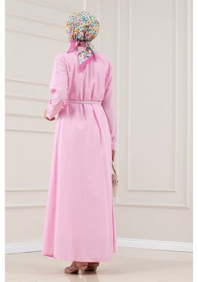 Sevitli Gömlek Yaka Kemerli Berra Elbise-pembe-5884