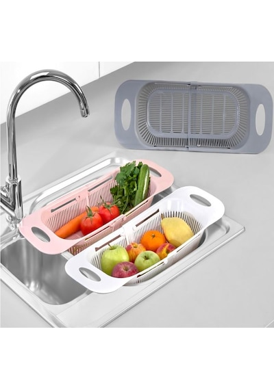Sürgülü Ayarlanabilir Pratik Lavabo Süzgeci, Ayarlı Evye, Meyve Sebze Salata Yıkama Süzgeci 3 Renk Çok Renkli