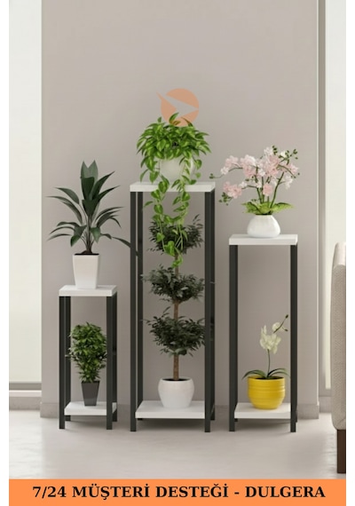 Flora Dekoratif 3'lü Metal Çiçeklik Saksı Standı & Yan Sehpa Seti - Modern Bahçe Balkon Çiçek Rafı