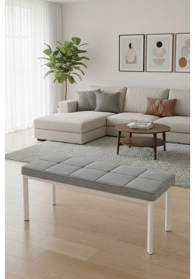 Vena 105x40 Bench - Babyface Kumaş Çımalı Döşeme Puf Bench Beyaz Ayaklı Gri