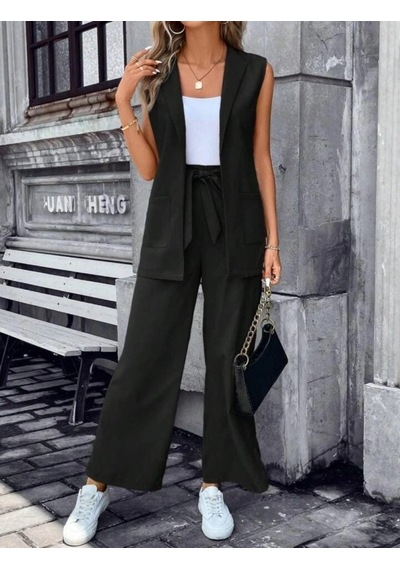 Defymoda Kadın Kolsuz Önü Açık Yakalı Cepli Janjan Krep Yelek Ve Pantolon Ikili Takım Siyah