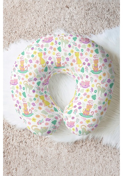 Renkli Kedi Çiçek Desenli Boyun Yastığı - Pastel Sarı Pembe Yeşil Çocuk & Yetişkin Seyahat Yastığı Çok Renkli