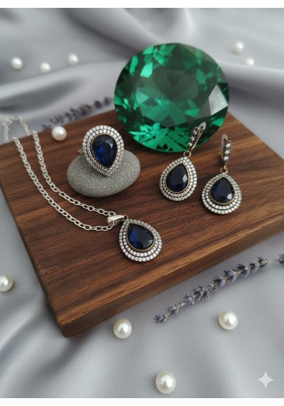 Safir Taşlı Gümüş Kolye Takımı Bronz