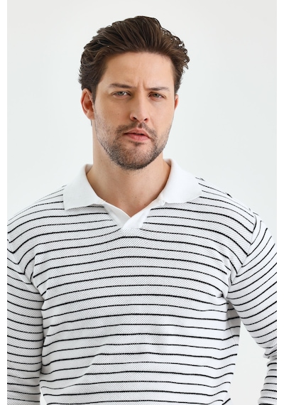Erkek Patlı Slim Fit Çizgi Detaylı Uzun Kollu Polo Yaka Triko Kazak beyaz