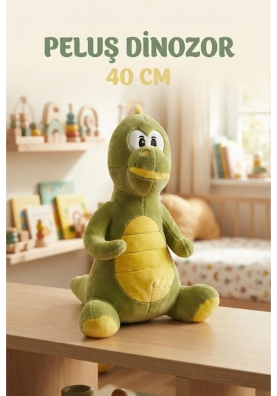 Şirin Dino Peluş 40 Cm Sevimli Ve Konforlu Uyku Yastığı Ve Sarılma Arkadaşı Dekoratif Oyuncak Yeşil
