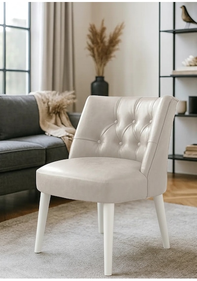 Waterybrook Berjer Sandalye - Kapitoneli Suni Deri - Beyaz Ahşap Ayaklı - Retro Modern Tasarım Krem