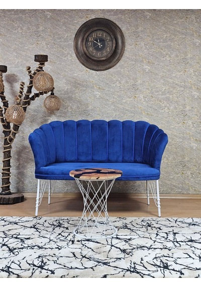 Zafir İkili Beyaz Boyalı Tel Ayak Papatya Çay Seti Koltuk Takımı , Balkon, Salon, Ofis, Cafe Koltuk Takımı Mavi