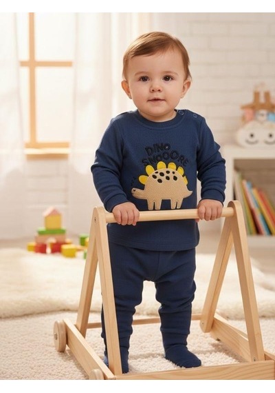Zekids Erkek Bebek Pamuklu Dokulu Kumaş Dinozorlu Eşofman Takımı-16384 Lacivert