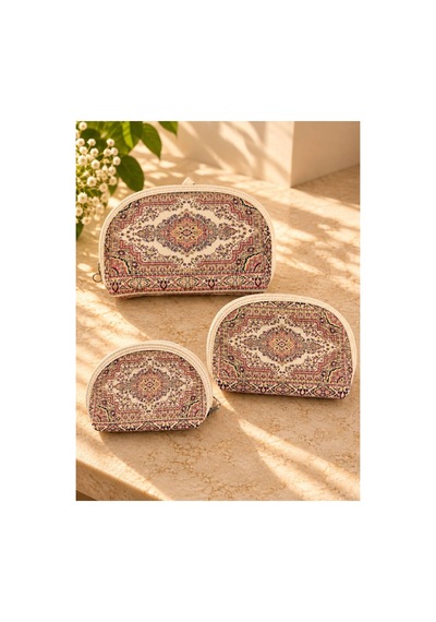 Badufa Home Desenli Fermuarlı Çok Amaçlı 3 Boy Mini Çanta -simli Bej-pembe Bej-pembe