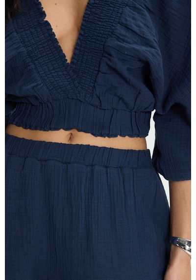 Tudors Kadın Oversize Geniş Kesim %100 Pamuk Kruvaze Yaka Crop Fırfırlı Lacivert Şort Etek Takım-50559