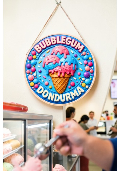 Bubblegum Dondurma Görselli Ahşap İpli Kapı Duvar Süsü Eğlence Merkezi Panosu
