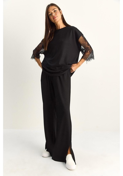 Shade Kadın Kolları Dantelli Oversize Basic T-shirt Beli Lastikli Bol Pantolon Alt-üst Modal Takım 4115 60286085 - Siyah