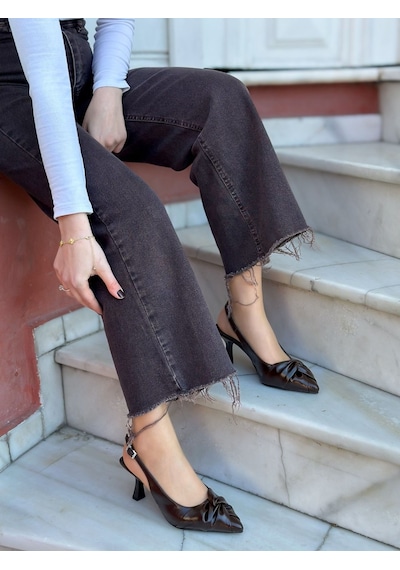 Ervanın Butiği Kahve Kırışık Deri Bow Fiyonk Detay Kadın Stiletto-6089