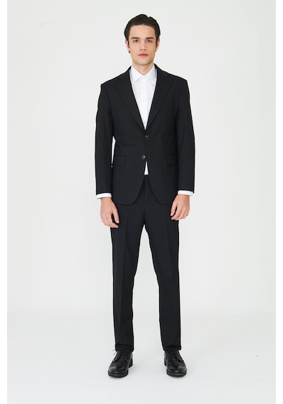 Siyah Modern Slim Fit Dokulu Kumaş Klasik Yaka Takım Elbise Siyah