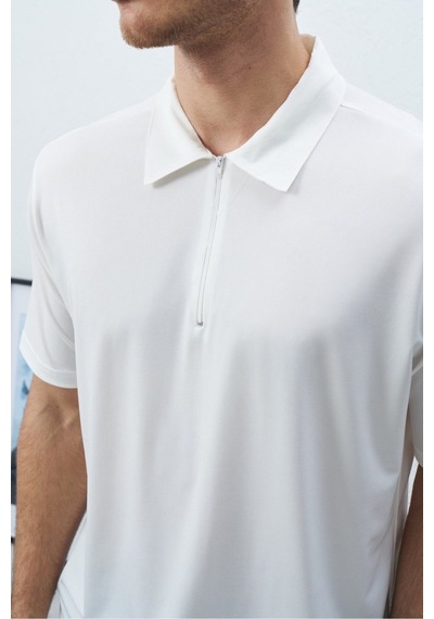 Baselco Polo Yakalı Fermuarlı Fresh Vizkon T-shirt - Tiril Tiril Esnek Beyaz