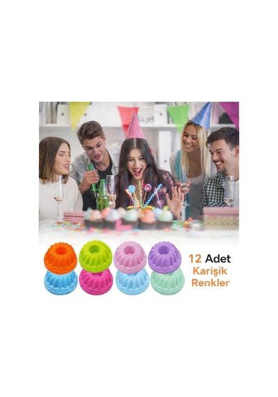 Silikon Mini Kek Kalıbı, Muffin Kalıbı, Tekrar Kullanılabilir, Yapışmaz-12 Adet Çok Renkli - 904904803 Çok Renkli