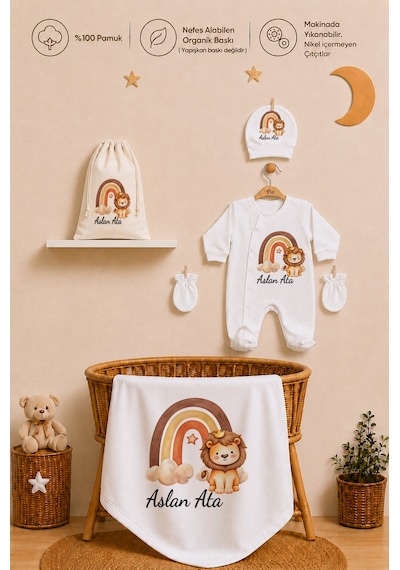 Pia Baby İsimli Erkek Bebek Hastane Çıkışı Battaniye Tulum Şapka Eldiven Ham Bez Kıyafet Kesesi Yenidoğan Hediyesi 2014btkyx Ekru