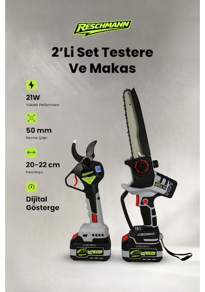 2'li Set Şarjlı Testere Ve Budama Makası 21v - 3.0 Ah - Dijital Göstergeli