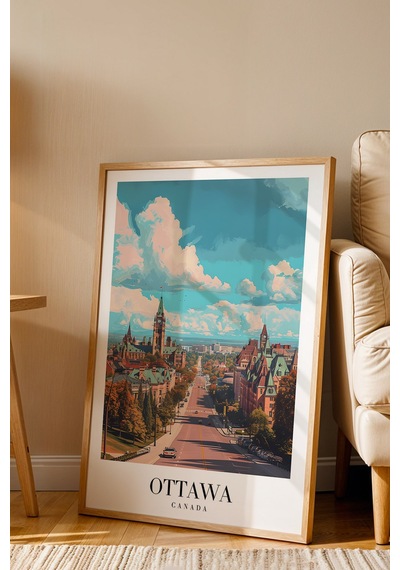Ottawa Canada Vintage Seyahat Posteri Çerçeveli Tablo - Premium Kanada Şehir Elit Duvar Dekoru Kayın