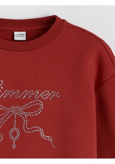 LC Waikiki Lcw Kids Kırmızı Bisiklet Yaka Taşlı Kız Çocuk Kalın Sweatshirt Red