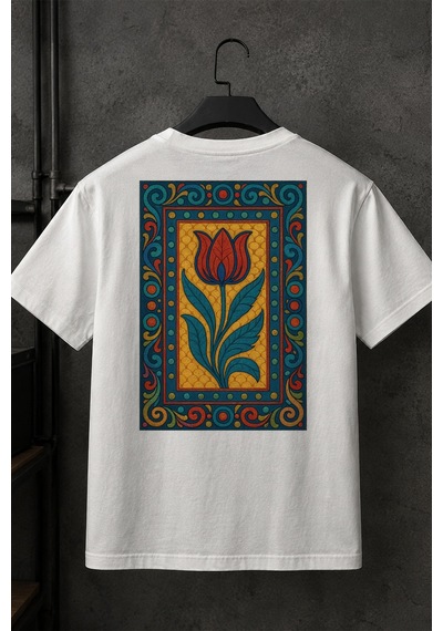 Spoyi Osmanlı Lalesi Tasarımlı %100 Pamuk Yarım Oversize Beyaz T-shirt