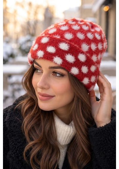 Ritagarcia Kadın Puantiyeli Yumoş Peluş Bere Yumuşak Dokulu Katlamalı Kışlık Kar Beresi Kırmızı