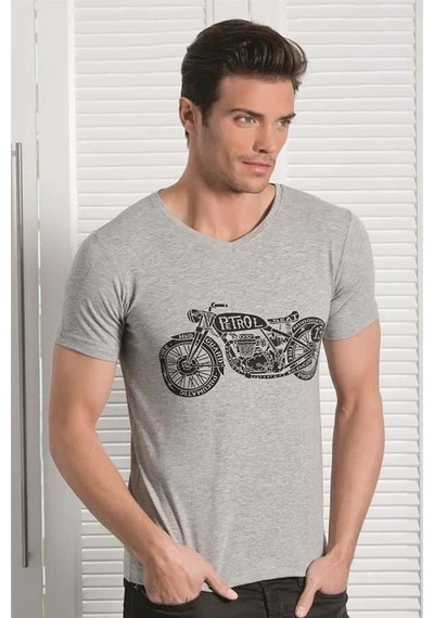 Meks Berrak Motosiklet Baskılı Erkek T-shirt 1049 Gri S
