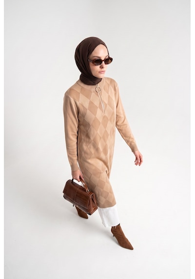 Armine Trend Baklava Desenli Fermuar Yaka Uzun Triko Tunik Latte 25ktd4112 Açık Kahverengi