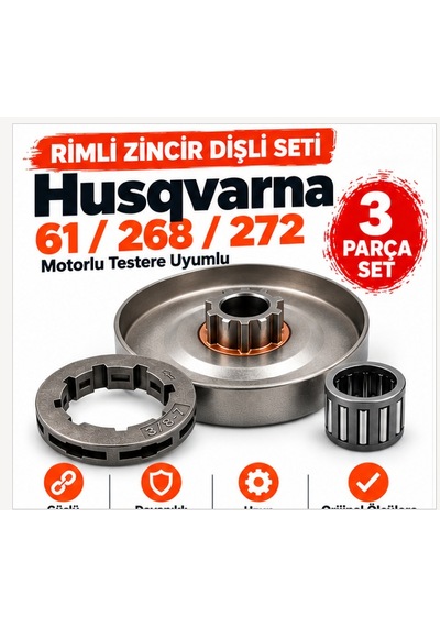 Algaride Husqvarna 61 268 272 Uyumlu Rimli Zincir Dişlisi Seti 3 Parça Zincir Rimli Dişlisi Rulman
