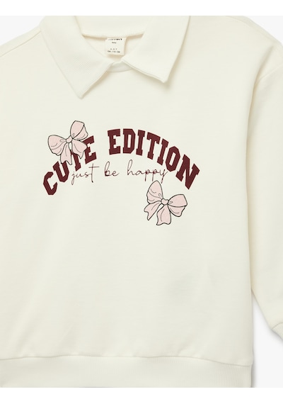 Koton Pamuklu Fiyonk Baskılı Şardonlu Uzun Kollu Polo Yaka Sweatshirt Ekru 6smg10063ak Ekru