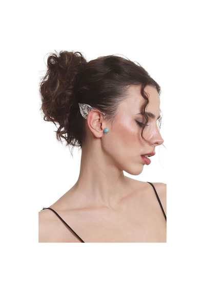 Kadın Gümüş Renk Lak Kaplama Taşlı Dokulu Yaprak Stilizesi Sağ Kulak Earcuff & Kıkırdak Küpe Çok Renkli