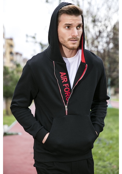 Buratti Kanguru Cepli Fermuarlı Kapüşon Yaka Slim Fit Erkek Sweat 575707 Siyah-Kırmızı