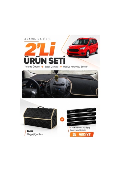 Ford Courier 2013-2020 Ekransız Uyumlu Torpido Örtüsü + Deri Bagaj Çantası + Sticker - Siyah Bej