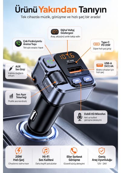 Bluetooth 5.3 Fm Transmitter Araç Çakmaklık Şarj Cihazı Pd 20w Type-c Usb Hızlı Şarj Aux Eller Serbest Konuşma Dijital Voltaj Göstergeli