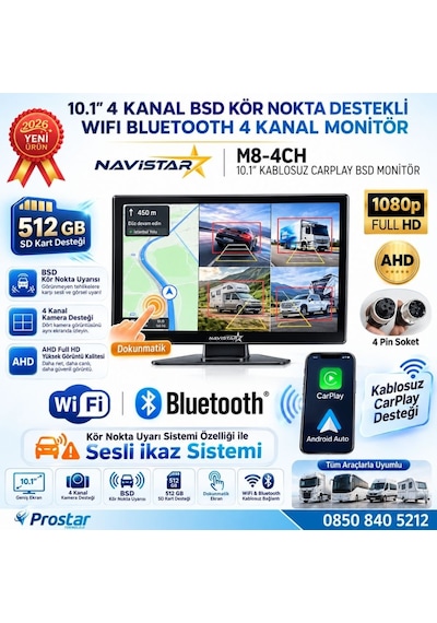 10.1 İnç Dokunmatik 4 Kanal Kayıtlı Kablosuz Carplay Wifi Kör Nokta Uyarılı Araç Monitörü 512 Gb Destekli