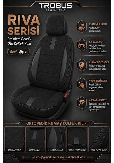 Citroen Berlingo 2004-2018 Uyumlu Riva Serisi 2+1 Ticari Siyah Ortopedik Koltuk Kılıfı