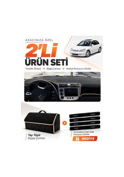 E-biz Honda Civic Vtec2 2002-2005 Uyumlu Torpido Örtüsü + Tay Tüyü Çanta - Siyah-bej - Ho009