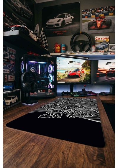 Siyah Beyaz Japon Dalga Deseni 40x90 Cm Oyuncu Mousepad Kaymaz Taban Büyük Boy Mousepad
