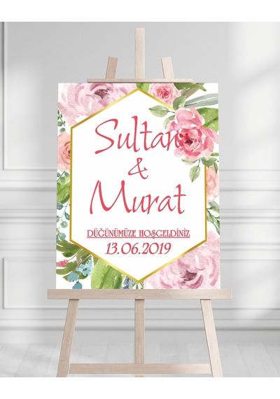 Söz Nişan Düğün İçin 50x70 Karşılama Panosu - Pembe Renk Çiçek Temalı 03 Beyaz