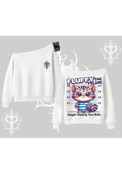 Startmore Fluffy The Feline Yazılı Sevimli Kedi Arka Baskılı Kayık Yaka Sweatshirt Beyaz