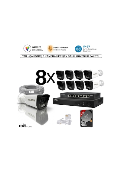 8'li Ip-5mp-poeli-sesli -gece Renkli- Su Geçirmez- Full Hd-1tb-güvenlik Kamera Seti