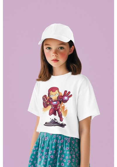 Sevbano Tasarım Ironman Demiradam Baskılı Unisex Avengers Film Çocuk Tişö Beyaz
