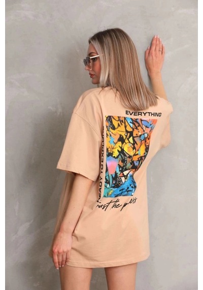 Freedom Storee Kadın Bisiklet Yaka Baskılı Oversize Kısa Kol T-shirt - Bej Çok Renkli