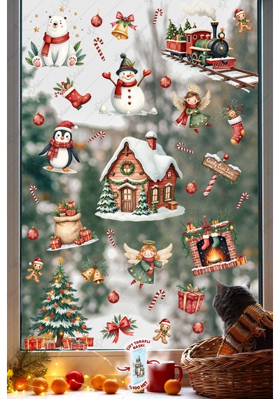 Christmas Yılbaşı Cam Sticker Seti 60+ Parça Çift Taraflı Baskı, Suya Dayanıklı, Kar Tanesi & Noel Dekoru Dijital Baskı