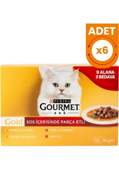 Gourmet Gold Sos İçinde Parça Etli Karışık Lezettler Yetişkin Konserve Kedi Maması 85 Gr 12 Al 9 Öde 6 Adet