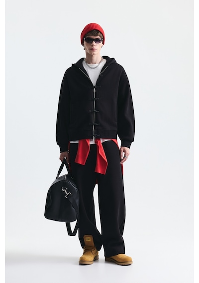 Süslü Düğme Sweatshirt Ve Barrel Fit Eşofman Takım Siyah