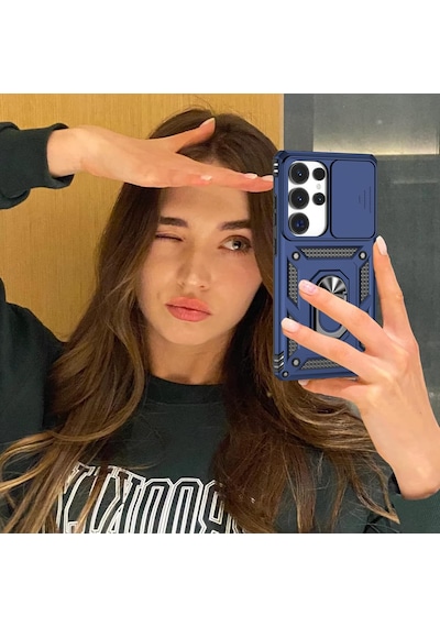 Samsung Galaxy S25 Ultra Uyumlu Kamera Sürgülü Tank Kılıf Ve Temperli Cam Ekran Koruyucu Set Lacivert