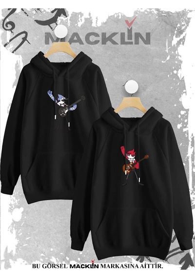 Macklin Sevgili Çift Kombini Mordecai Ve Margaret Gitar Baskılı Tasarım Kapüşonlu Sweatshirt 2li Set Takım Siyah Mck0837 Siyah
